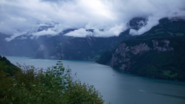 Morschach Switzerland Moody Lake Mountains Rays Light — стоковое видео