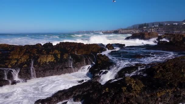 波の遅い動きは海岸線の頑丈な岩の上にクラッシュ — ストック動画