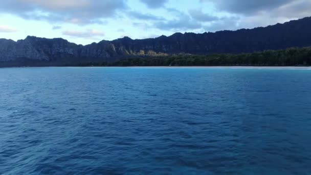 Offshore View Ocean Forest Mountains Oahu Drone Parallax Revealing Natural — Vídeos de Stock