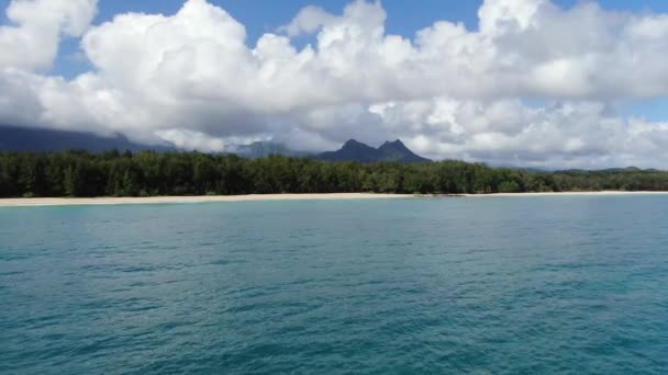 東海岸オアフ島 ハワイ ジャングルの森の背景から見える休眠火山と砂の白い砂浜に向かって飛ぶドローン — ストック動画
