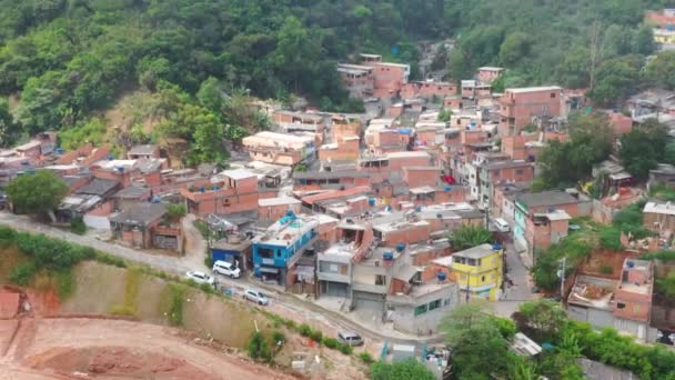 Drone Flies Backward Captures Entire Region Vibrant Favela Shantytown Slum — Stock Video