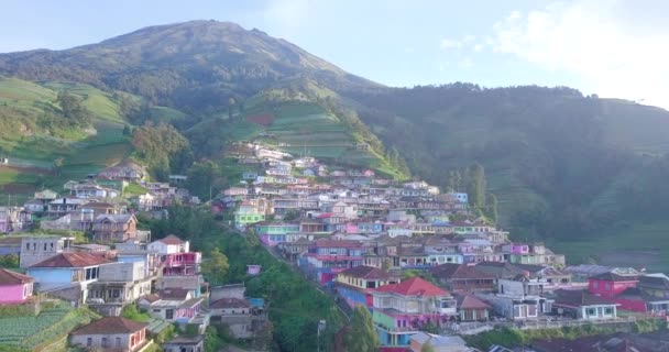 在雾蒙蒙的早晨 空中俯瞰着山坡上美丽的村舍 在苏明山斜坡上的Butuh村 也叫尼泊尔范爪哇 看起来像Namche Bazaar — 图库视频影像