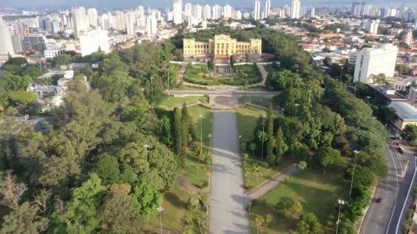 Drone Flies Backward Capture Entire Region City Paulo Museu Ipiranga — Video Stock