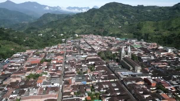 Aerial View Jardin Colombia Town Antioquia Andes Mountains Old Cathedral — Stock Video