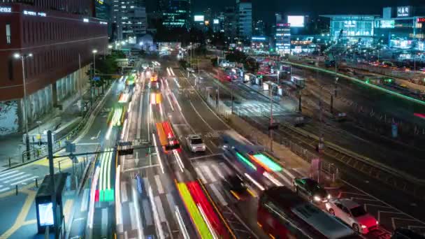 Seul Station Night Traffic Timelapse Wiele Autobusów Samochodów Zatrzymuje Się — Wideo stockowe