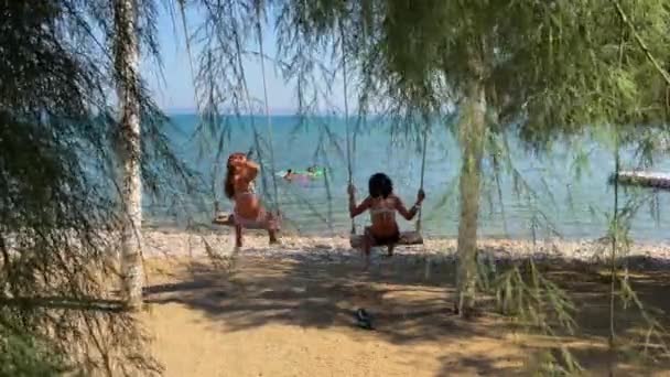 Achteraanzicht Van Twee Kleine Meisjes Vakantie Hebben Plezier Swingen Aan — Stockvideo