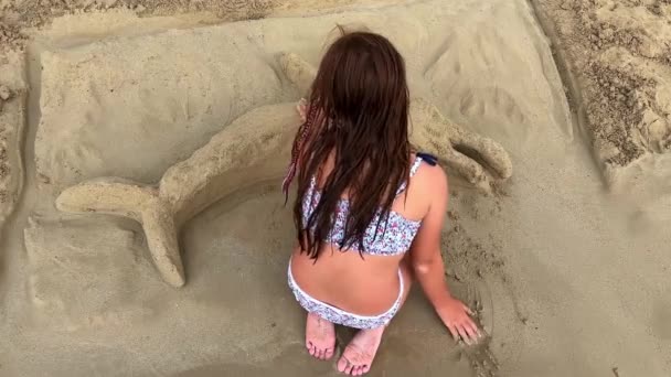 Вид Сзади Маленькой Девочки Стоящей Коленях Пляже Играющей Песчаным Дельфином — стоковое видео