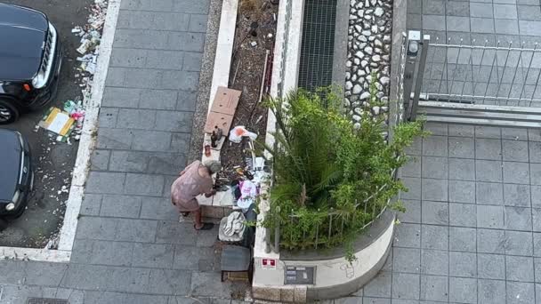 Homeless Drunkard Old Man Street Sits Drink High Angle Pov — Video