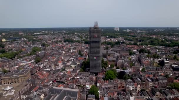 Aerial View Dom Medieval Cathedral Tower Scaffolding Dutch City Center — Vídeo de stock