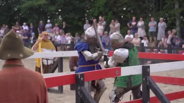 Caballeros Medievales Luchando Con Espadas Campo Batalla Multitud Público Mirando — Vídeo de stock