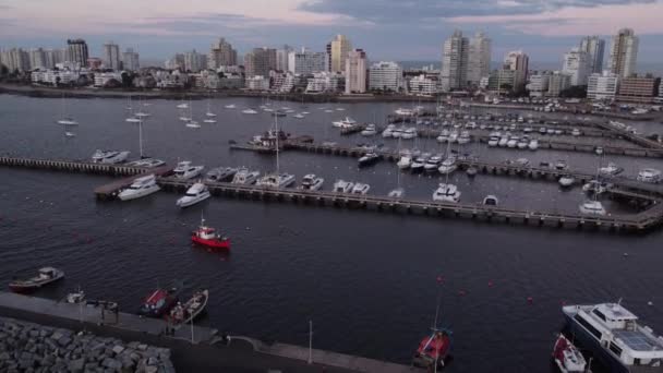 30Fps 埃斯特角海滩港 红色的渔船到达港口 乌拉圭 南美洲 空中录像 — 图库视频影像
