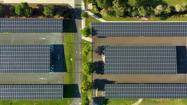Birds Eye Flyover Carpark Covered Solar Panels Grid Aerial Drone — Video