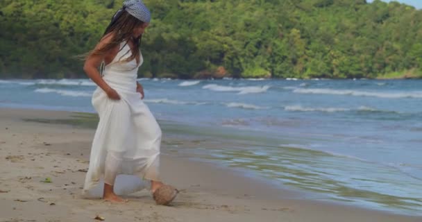 Young Girl Beach Dress Kicks Coconut Beach — Video Stock