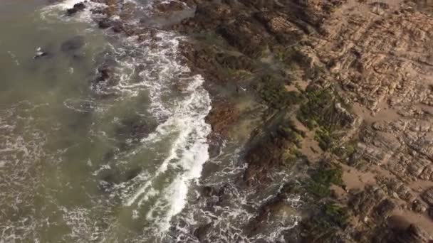 ウルグアイのプンタ エステの岩場近くの大西洋の荒波に乗り込むサーファーの上の高い無人機 — ストック動画