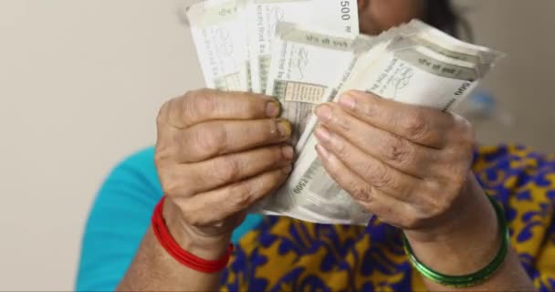 手でインドのお金の500ルピーのノートを数える女性の手の閉じると 女性は現金をカウントします 新しいインドのお金を数える女性 インドルピー ホームファイナンスの概念 選択的焦点 — ストック動画