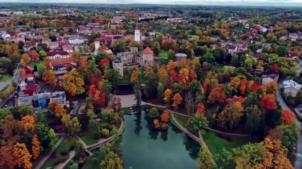 Cesis Castle Latvia Europe Drone Flight City Fall Colored Trees — Stock Video