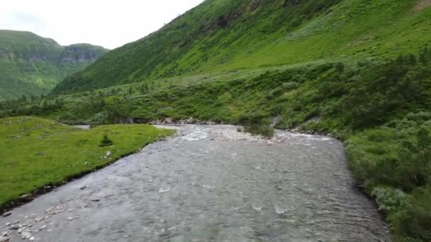 Aérea Siguiendo Río Myrkdalen Sembrado Exuberante Valle Verde Montaña Vikafjell — Vídeos de Stock