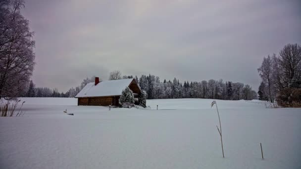 冬の風景 雪の牧草地に孤立した木造コテージ 背景にある森の木 時間の経過 — ストック動画
