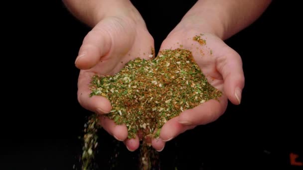 Static Shot Woman Hands Dropping Delicious Spices Basil Pepper Parsley — Video
