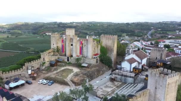 Aerial Approach Famous Castle Beautiful Obidos Village — Stock Video
