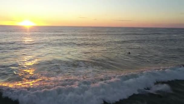 Δύο Surfers Surfing Κύματα Στη Θάλασσα Όμορφο Ηλιοβασίλεμα Αεροφωτογραφία — Αρχείο Βίντεο