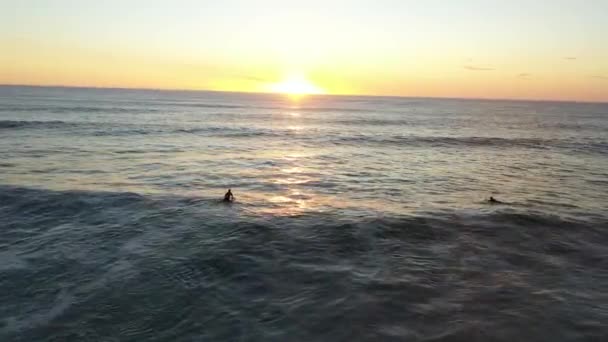次の波を待っている患者を待っている水の中の日没のサーファー Airial — ストック動画