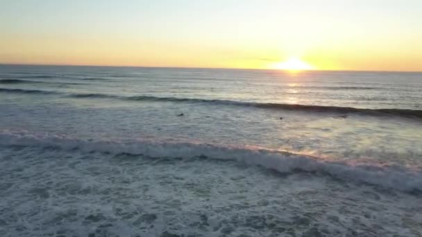 Denizde Sörfçüler Sabırla Dalgaları Bekliyor Günbatımı Hava Görüntüsü — Stok video