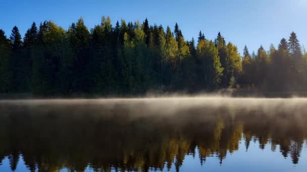 Prachtige Herfstochtend Finland Met Meer Landschap Mist Beweegt Langzaam Het — Stockvideo