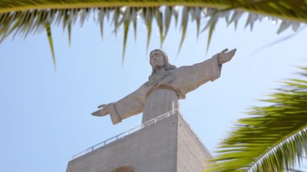 Close Christ King Entre Palm Leave Lisboa Durante Verão — Vídeo de Stock