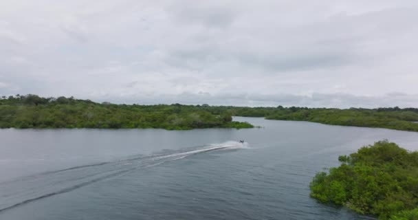 Aerial Tracking Shot Jet Ski Sailing Rio Negro Waters Cloudy — Stock Video