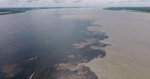 Lucht Vloog Achteruit Meeting Waters Rio Negro Solimoes Brazilië — Stockvideo