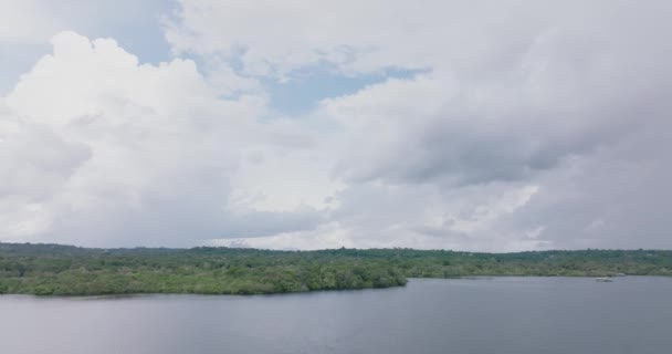 Aerial Pan Left Shot Rio Negro Surface Cloudy Day Amazonas — Video