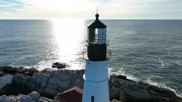 Aerial Orbit Historic Lighthouse Portland Maine American Flag Waves Wind — Stock Video