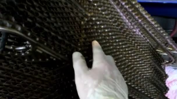 Oil Cooler Plates Boats Closeup Hand Gloves Checking Equipment — Vídeos de Stock