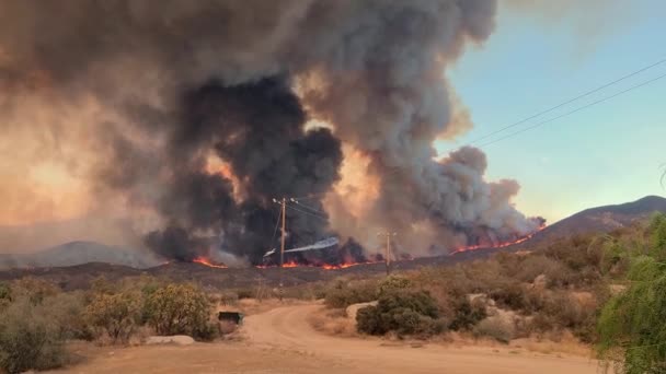 ハムレット カリフォルニア州によって引き起こされる損傷を消火し 制御しようとする試みでフェアビュー山火事に水を落とす固定翼機を追跡するショット — ストック動画