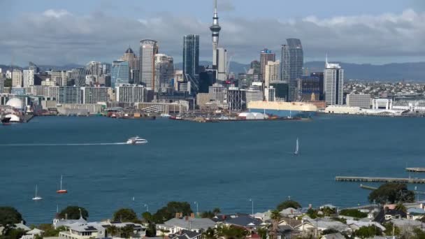 Tijdsverloop Van Aucklands Drukke Haven Een Zonnige Dag Statische Hoge — Stockvideo