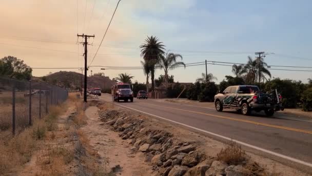 Road Firefighters Trucks Going Extinguish Fire Daylight — Vídeo de stock