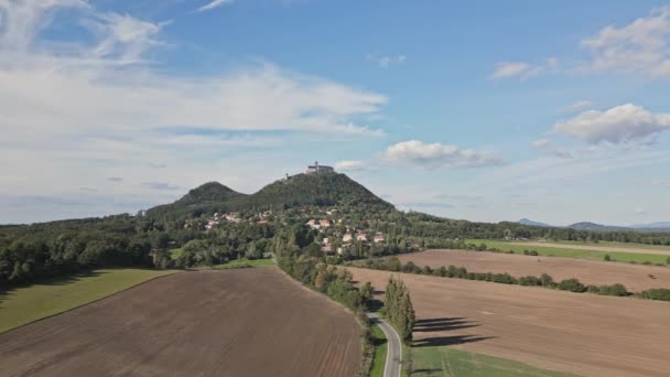 中世の城の下で肥沃で刺激的な風景の空中ショットベッツェス — ストック動画