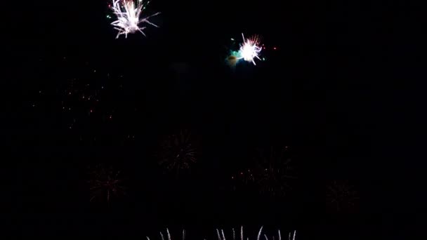 烟火在城市上空的夜晚 爆炸的火花在庆祝日 完整的框架 — 图库视频影像