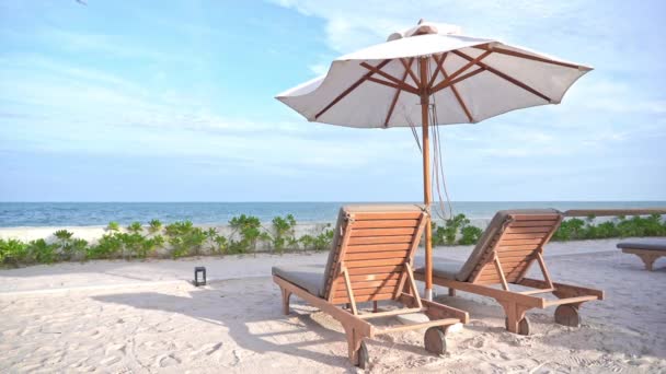 Empty Beach Furniture Front Tropical Sea Sunbeds Parasol White Sand — Stock Video