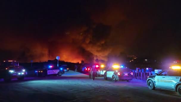 Emergency Service Vehicles Gather Park Night Sky Full Smoke Glows — Vídeo de stock