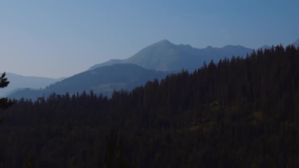 Sabahın Erken Saatlerinde Ufuk Taki Yeşil Yüksek Dağlar Orman Panoramik — Stok video