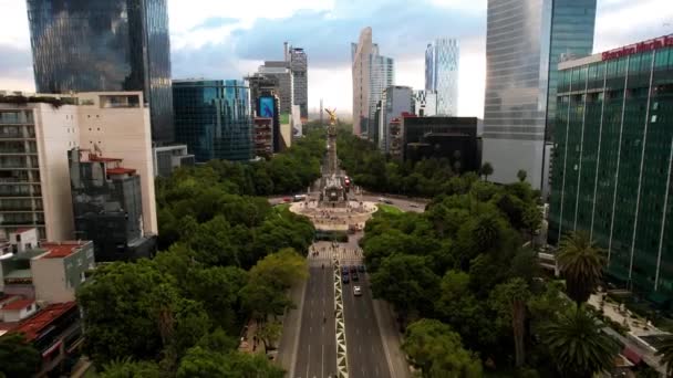 Drönare Skott Nedstigning Solnedgång Paseo Reforma Mexico Stad Med Utsikt — Stockvideo