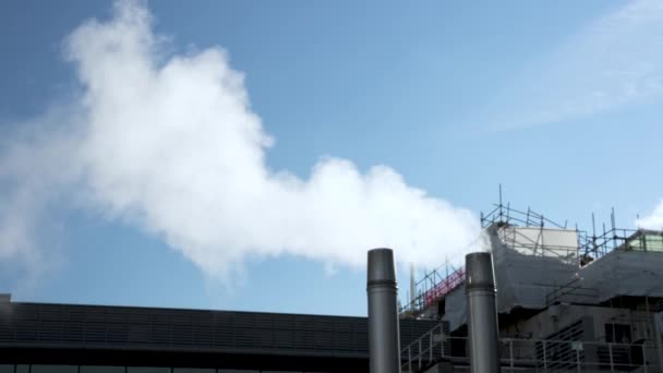 Exhaust Steam Being Expelled Metal Flue Morning Blue Skies Slow — Stock Video