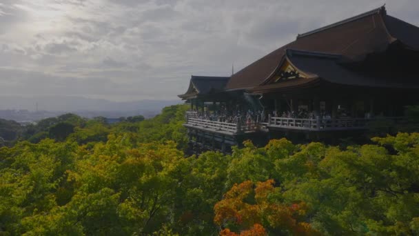 Снимок Храма Киёмидзу Дера Над Лесом Киото Ветром Мягко Дующим — стоковое видео