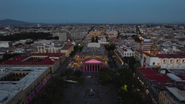 Teatro Degollado Crepúsculo Guadalajara México Aproximação Vista Aérea — Vídeo de Stock