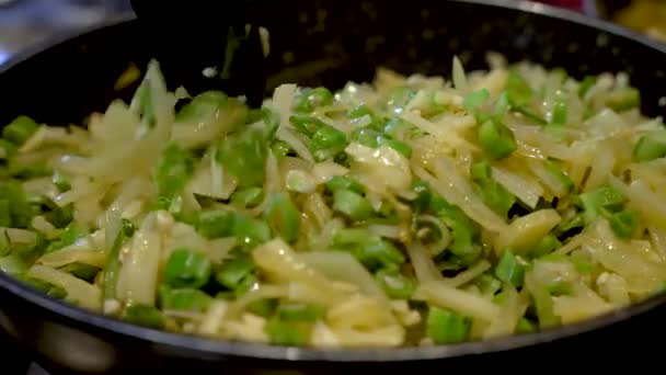 Close Shot Sliced Green Bean Potatoes Being Stirred Frying Pan — Video