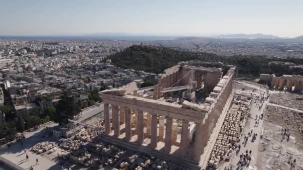 Luftaufnahme Des Parthenons Auf Der Akropolis Von Athen Sonnigen Tag — Stockvideo