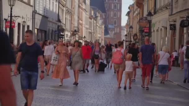 Video Huge Number People Walking Street Krakw Poland Sunny Day — Video