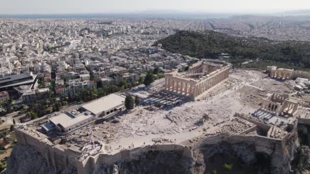 Briljant Uitzicht Vanuit Lucht Acropolis Athene Omliggende Stad Hieronder — Stockvideo
